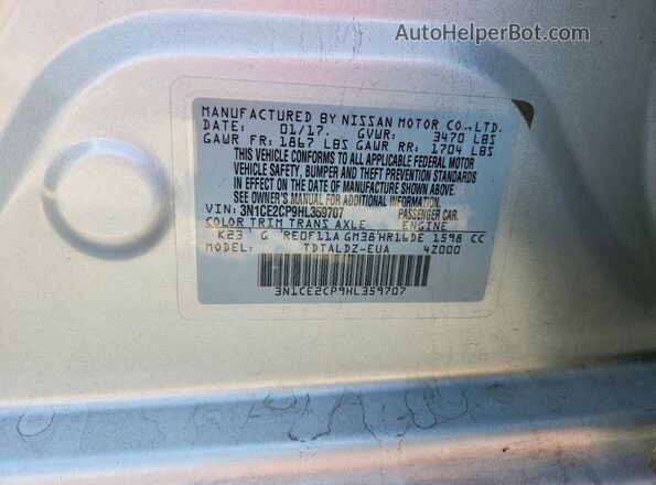 3N1CE2CP9HL359707 2017 NISSAN VERSA Silver Vista de la etiqueta del VIN