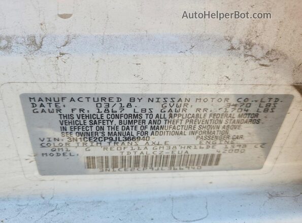 3N1CE2CP9JL366940 2018 NISSAN VERSA White Vista de la etiqueta del VIN