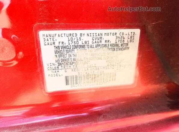 3N1CN7AP1GL833907 2016 NISSAN VERSA Red Widok komory silnika
