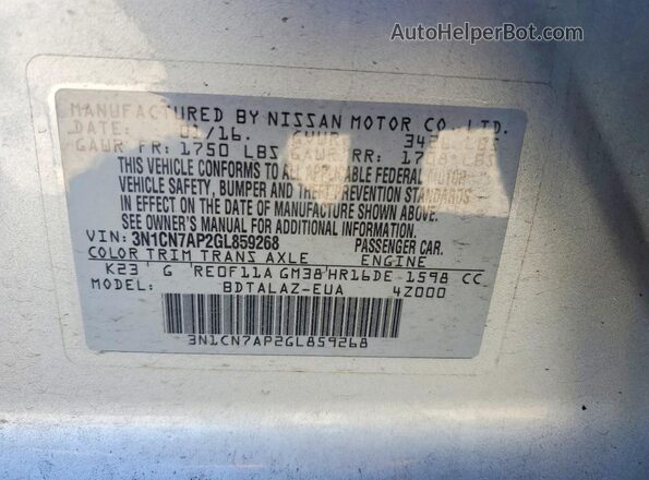 3N1CN7AP2GL859268 2016 NISSAN VERSA Silver Вид наклейки з VIN-кодом