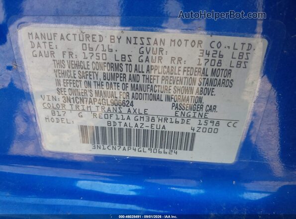 3N1CN7AP4GL906624 2016 NISSAN VERSA Blue Vista del compartimento del motor