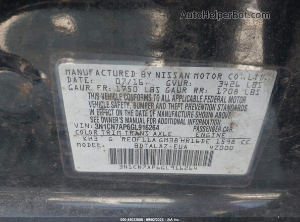 3N1CN7AP6GL916264 2016 NISSAN VERSA Black Vista del compartimento del motor