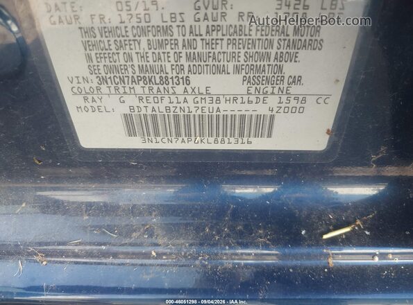 3N1CN7AP8KL881316 2019 NISSAN VERSA Blue Widok komory silnika