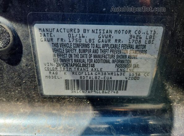 3N1CN7AP9GL862748 2016 NISSAN VERSA Blue Vista de la etiqueta del VIN
