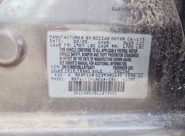 3N1CN8EV8LL875421 2020 NISSAN VERSA Gray Вид підкапотного простору