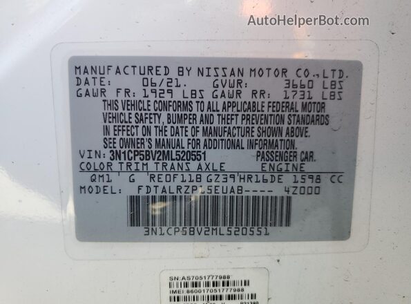 3N1CP5BV2ML520551 2021 NISSAN KICKS White Widok naklejki z numerem VIN