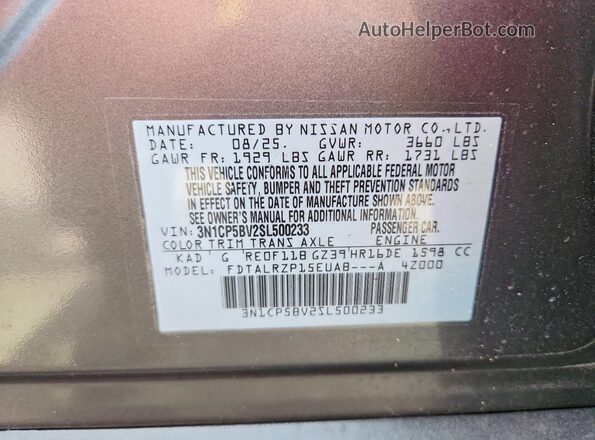 3N1CP5BV2SL500233 2025 NISSAN KICKS Gray VIN կոդի պիտակի տեսք