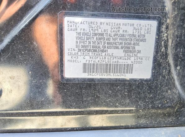3N1CP5BV3ML516041 2021 NISSAN KICKS Black Widok naklejki z numerem VIN