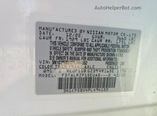3N1CP5BV4PL494152 2023 NISSAN KICKS White Widok naklejki z numerem VIN