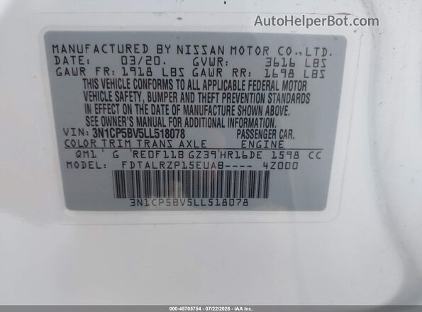 3N1CP5BV5LL518078 2020 NISSAN KICKS White Vista del compartimento del motor