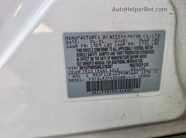 3N1CP5BV5ML518387 2021 NISSAN KICKS White Widok komory silnika