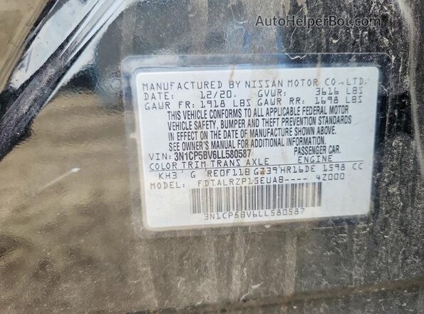 3N1CP5BV6LL580587 2020 NISSAN KICKS Black Widok naklejki z numerem VIN