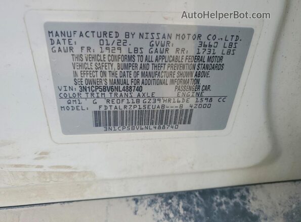 3N1CP5BV6NL488740 2022 NISSAN KICKS White VIN კოდის სტიკერის ხედი
