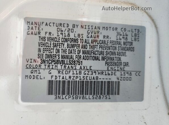 3N1CP5BV8LL528751 2020 NISSAN KICKS White Вид підкапотного простору