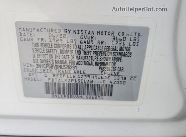 3N1CP5BV8NL526291 2022 NISSAN KICKS White Widok naklejki z numerem VIN