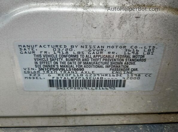 3N1CP5BV9LL516690 2020 NISSAN KICKS Silver Vista interior de 360 grados