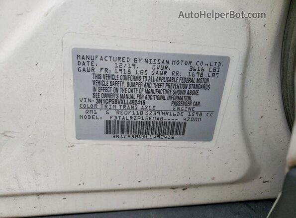 3N1CP5BVXLL492416 2020 NISSAN KICKS White VIN կոդի պիտակի տեսք