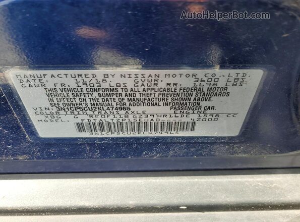 3N1CP5CU2KL474965 2019 NISSAN KICKS Blue Widok komory silnika