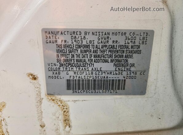 3N1CP5CU3JL527171 2018 NISSAN KICKS White VIN sticker view
