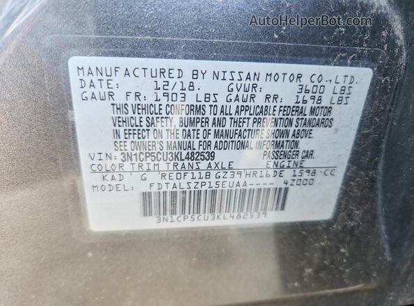 3N1CP5CU3KL482539 2019 NISSAN KICKS Gray VIN sticker view