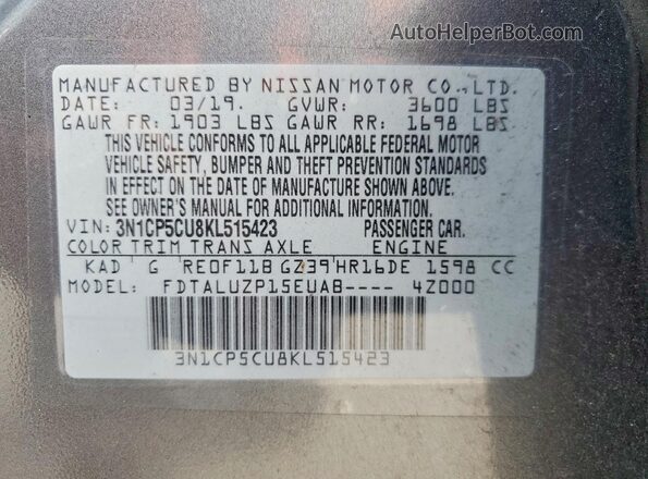3N1CP5CU8KL515423 2019 NISSAN KICKS Gray VIN sticker view