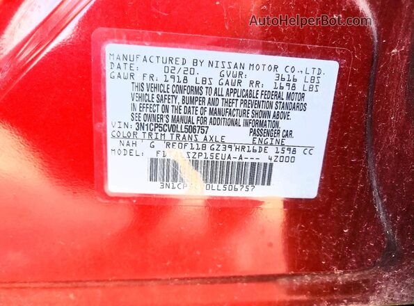 3N1CP5CV0LL506757 2020 NISSAN KICKS Maroon Vista de la etiqueta del VIN