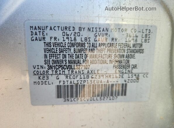 3N1CP5CV0LL527107 2020 NISSAN KICKS Silver VIN კოდის სტიკერის ხედი