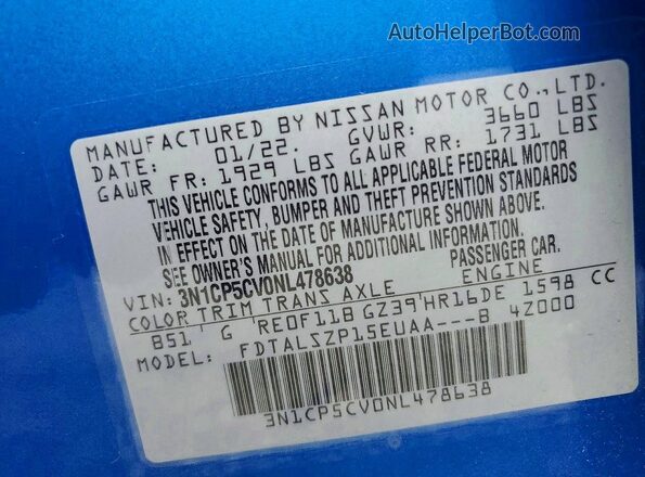 3N1CP5CV0NL478638 2022 NISSAN KICKS Blue Vista interior de 360 grados