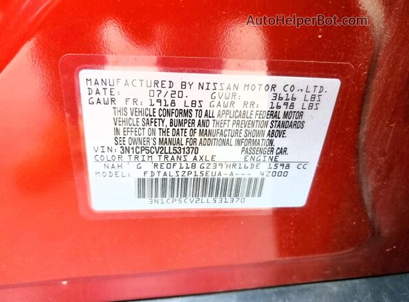 3N1CP5CV2LL531370 2020 NISSAN KICKS Red VIN sticker view
