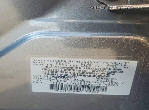 3N1CP5CV3NL497037 2022 NISSAN KICKS Gray Widok wnętrza 360 stopni