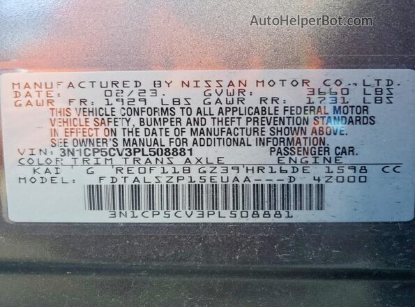 3N1CP5CV3PL508881 2023 NISSAN KICKS Gray Widok naklejki z numerem VIN