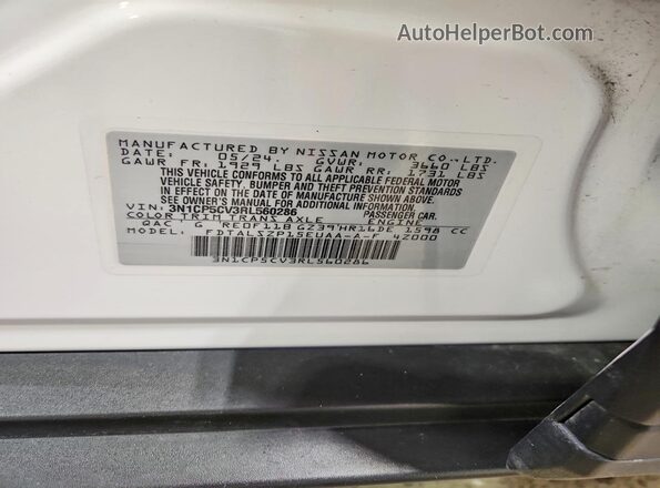 3N1CP5CV3RL560286 2024 NISSAN KICKS White VIN კოდის სტიკერის ხედი