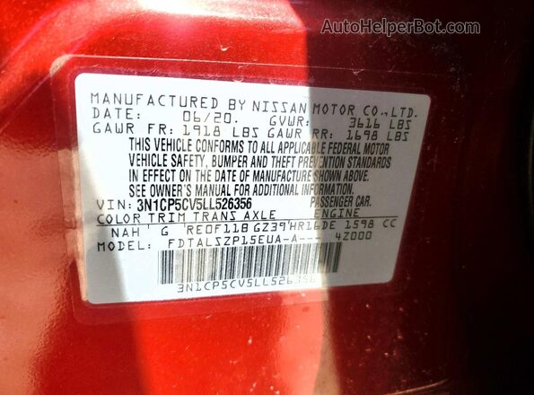 3N1CP5CV5LL526356 2020 NISSAN KICKS Red VIN կոդի պիտակի տեսք