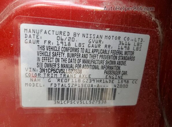 3N1CP5CV5LL527538 2020 NISSAN KICKS Maroon Vista del compartimento del motor
