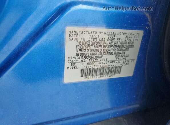 3N1CP5CV5ML493232 2021 NISSAN KICKS Blue VIN კოდის სტიკერის ხედი
