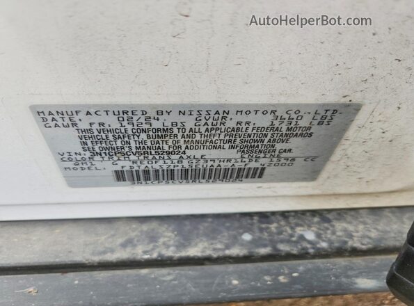 3N1CP5CV5RL529024 2024 NISSAN KICKS White Widok naklejki z numerem VIN