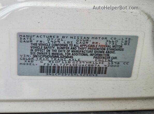3N1CP5DV5ML525045 2021 NISSAN KICKS Белый Вид наклейки с VIN-кодом