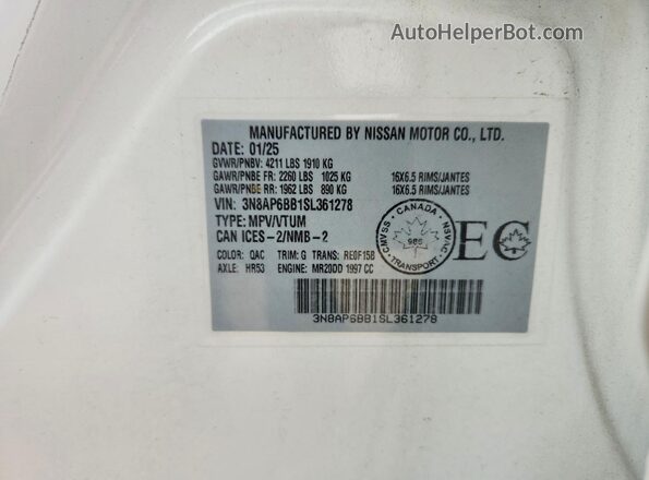 3N8AP6BB1SL361278 2025 NISSAN KICKS White Vista interior de 360 grados