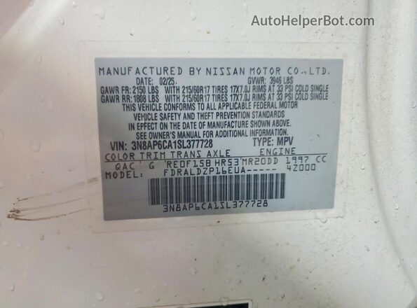 3N8AP6CA1SL377728 2025 NISSAN KICKS White Vista interior de 360 grados