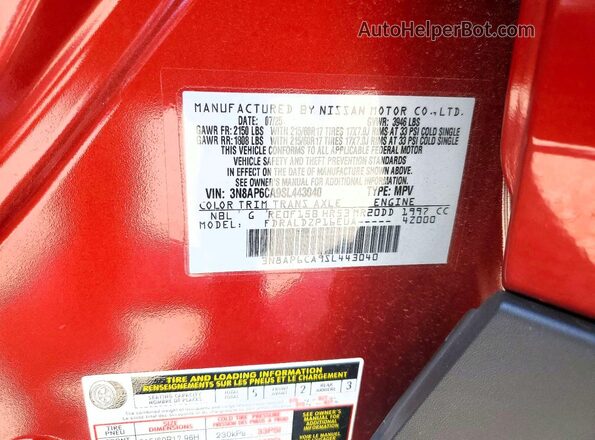 3N8AP6CA9SL443040 2025 NISSAN KICKS Red Vista de la etiqueta del VIN