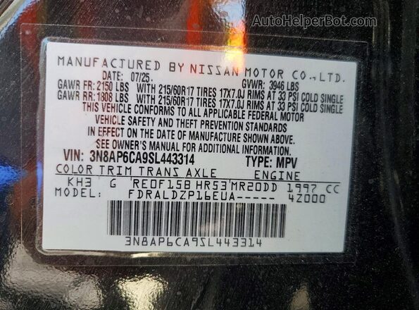 3N8AP6CA9SL443314 2025 NISSAN KICKS Черный Вид наклейки с VIN-кодом