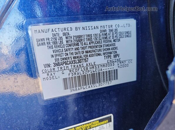 3N8AP6CAXSL307757 2025 NISSAN KICKS Blue VIN կոդի պիտակի տեսք
