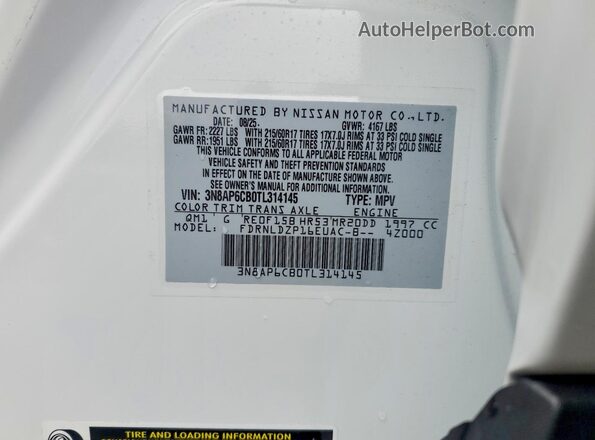 3N8AP6CB0TL314145 2026 NISSAN KICKS White Widok naklejki z numerem VIN