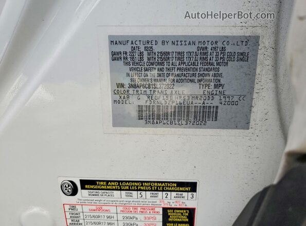 3N8AP6CB1SL372022 2025 NISSAN KICKS White Vista de la etiqueta del VIN