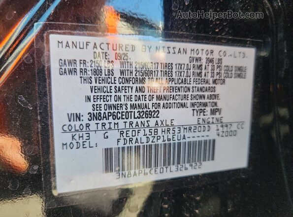 3N8AP6CE0TL326922 2026 NISSAN KICKS Black VIN sticker view