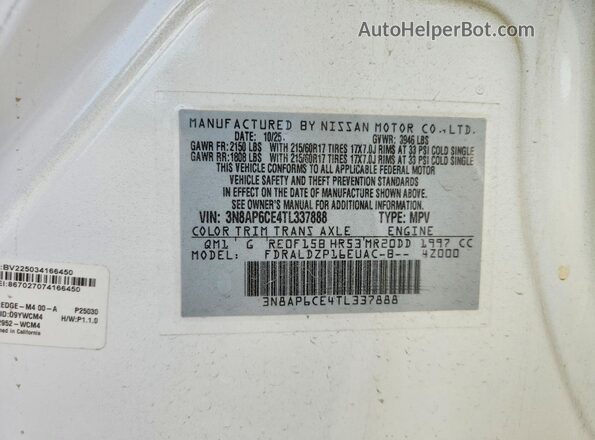 3N8AP6CE4TL337888 2026 NISSAN KICKS White VIN կոդի պիտակի տեսք