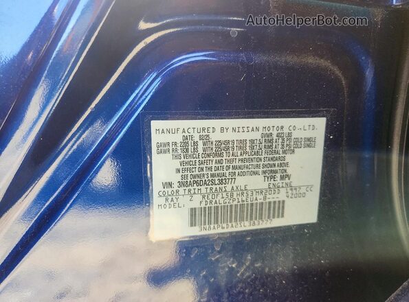 3N8AP6DA2SL383777 2025 NISSAN KICKS Blue VIN კოდის სტიკერის ხედი