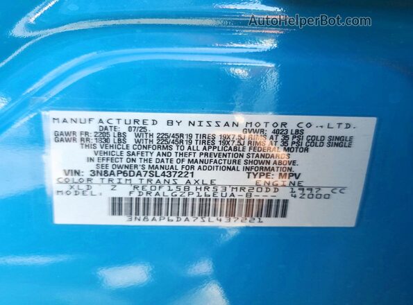 3N8AP6DA7SL437221 2025 NISSAN KICKS Blue VIN կոդի պիտակի տեսք