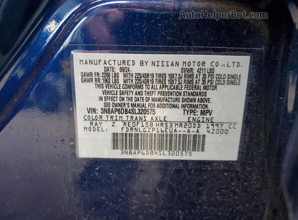 3N8AP6DB4SL320575 2025 NISSAN KICKS Blue Widok naklejki z numerem VIN
