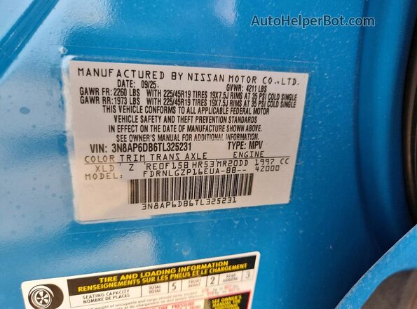 3N8AP6DB6TL325231 2026 NISSAN KICKS Blue Widok naklejki z numerem VIN